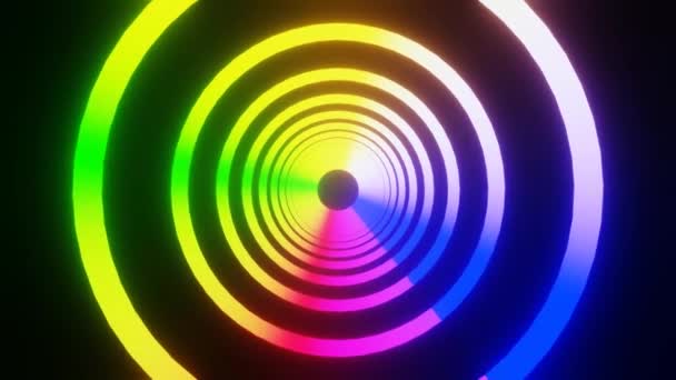 Let Kamery Vícebarevném Neonovém Tunelu Pozadí Pro Hraní Video Žokeje — Stock video