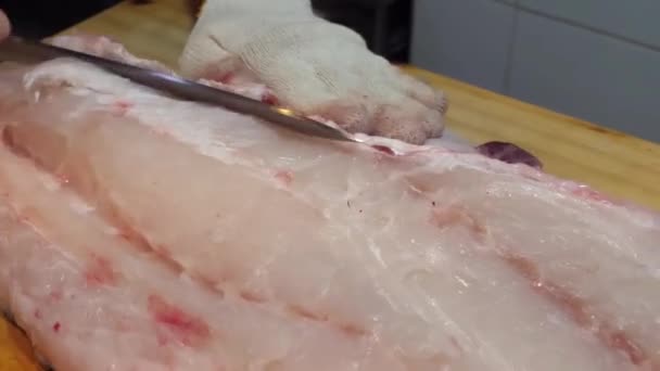Observe Master Chef Knife Skills Action Delicately Cut Grouper Fillets — Stock Video
