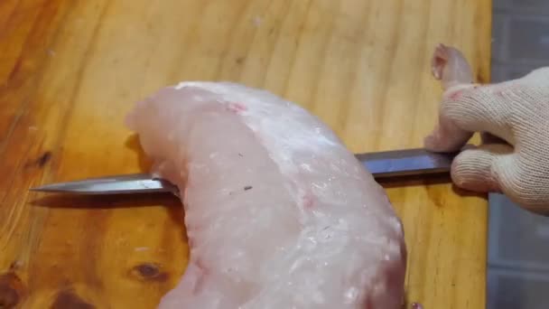 当一位大厨将石斑鱼片切成长块 并从厨房的皮中精细地分离出海底贝类肉时 可以看到这位大厨的专业刀法 — 图库视频影像