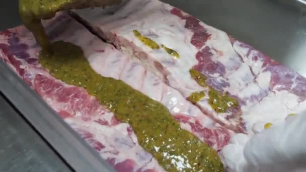 Fügen Sie Schweinerippchen Und Haxen Mit Einer Köstlichen Marinade Viel — Stockvideo