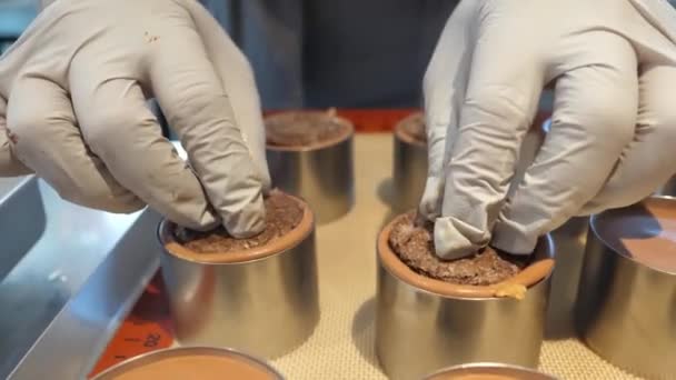 Les Biscuits Éponge Sont Ajoutés Mousse Chocolat Qui Est Dans — Video