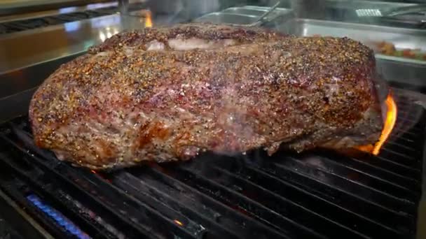 Grill Meat Ribs Meat Grilled Spices Open Fire — Stock Video