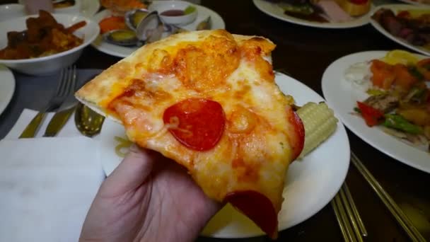 Çeşitli Mezeler Mezeler Arasında Peynir Mantarlı Kremalı Spagetti Çeşitli Deniz — Stok video