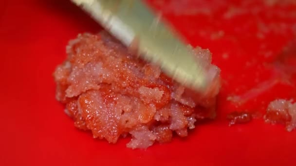 从鱼蛋中取出鱼皮 然后加入油和盐 搅拌至光滑的过程 — 图库视频影像