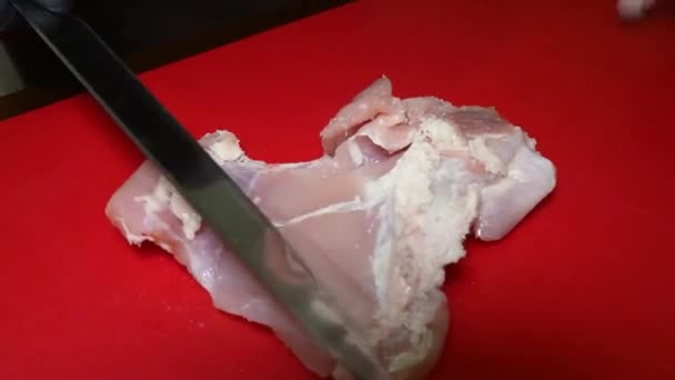 Processen Att Rengöra Kyckling Filé Från Överflödigt Fett Vener Och — Stockvideo