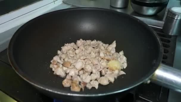 Proces Gotowania Ryżu Dente Drobno Posiekanym Filetem Kurczaka Cebulą Marchewką — Wideo stockowe