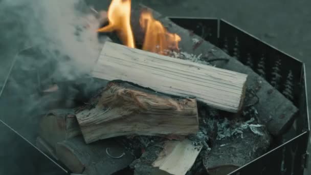 Bonfire Ontbrandt Nacht Een Klein Vreugdevuur Met Vlammen Die Bovenop — Stockvideo
