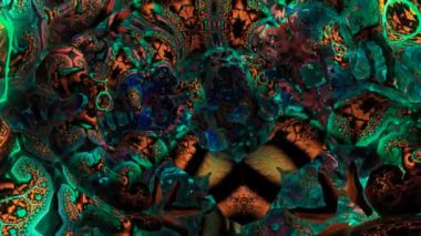 Soyut yapıda kamera yolculuğu. Video canlı ve renkli soyut bir dijital sanat eserini tasvir ediyor. Karmaşık ve karmaşık bir yapıda uçan bir kamera.