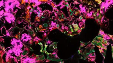 Soyut yapıda kamera yolculuğu. Video canlı ve renkli soyut bir dijital sanat eserini tasvir ediyor. Karmaşık ve karmaşık bir yapıda uçan bir kamera.