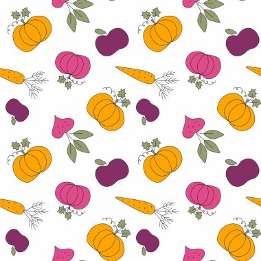 Sebzeleri dikişsiz biçin. Beyaz arka planda kabak, pancar ve havuç ile sonbahar vektör illüstrasyonu. Tekstil, duvar kağıdı, ambalaj kağıdı, baskı için renkli sezonluk tasarım şablonu