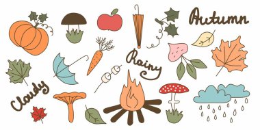 Sonbahar elementleri dizisi. Vektör çizimi. Sıcak pastel çizgi film koleksiyonu. Yapraklar, mantarlar, şemsiyeler, balkabağı, lokum, şenlik ateşi, harf, hasat