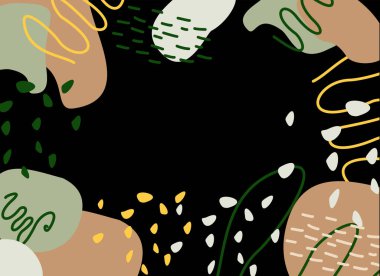 Elle çizilmiş çeşitli şekiller ve karalamalar siyaha. Modern trend vektör çizimi. Pastel doğal renkler kahverengi, yeşil, sarı