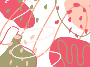 Modern vektör çizimi, soyut elementler ve dinamik şekillerle modaya uygun arka plan. Beyaz arkaplandaki renkli lekelerin bileşimleri. Tasarım ve yaratıcı fikirler için şablon.