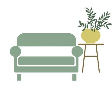 Pastel turkuaz kanepe, kahve masası ve saksı. Düz biçimli vektör illüstrasyonu