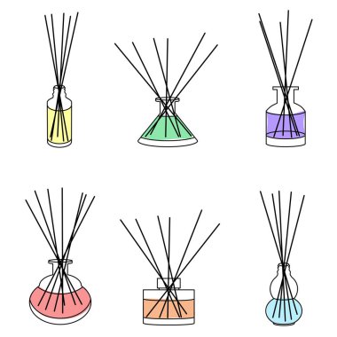 Ev aromaterapi vektörü ayarlandı. Beyaz arkaplanda izole edilmiş çubukları olan renk ayırıcıları. Kokulu ve aromalı. Çizgi Sanatı İllüstrasyonu, Farkındalık