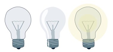 Ampul vektörü ayarlandı. Beyaz arkaplan ampulünde izole edilmiş renk vektörü. Düz çizgi film illüstrasyonu, enerji kavramını, yeniliği ve elektriği kaydet.