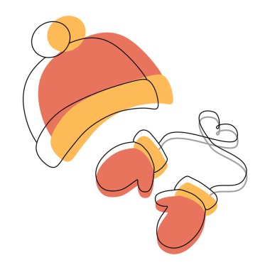 Sıcak kış kumaşı seti. Şapka ve Mittens vektör çizimi beyaza izole edildi. Sonbahar dekorasyonu için düz ve doğrusal koruyucu giysi. Renkli tasarım Eldivenler ve Şapka