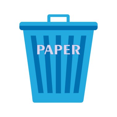 Kağıt için mavi çöp kutusu. Sembolü yeniden kullan ya da azalt. Plastik geri dönüşüm çöp kutusu. Çöp tenekesi simgesi düz. Atık geri dönüşümü. Çevresel koruma. Vektör illüstrasyonu beyazda izole edildi