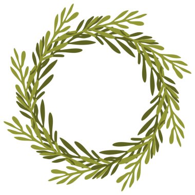 Yeşil Laurel çelengi. Beyaz üzerinde yeşil yapraklar olan yuvarlak bir ağaç dalları çelenginin vektör çizimi. Metin için kopyalama alanı olan renkli botanik sınırı. Düğün, kartpostal için Paskalya şablonu