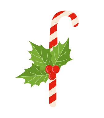 Holly Berry ile Noel Lolipopu. Şeker kamışı Vector Düz Çizim. Hediye kutusu, tebrik kartı, etiket, kartpostal, pankart, broşür için bayram tatlısı ya da dekorasyon. Beyaz arkaplanda izole