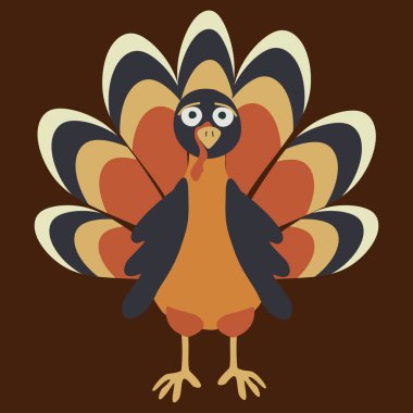 Koyu arkaplanda çizgi film tarzı hindi. Şükran Günü dekorasyonu için vektör düz grafik. Kartpostal ve tebrik kartı için tasarım ögesi. Amerikan Geleneği, Çiftlik Kuşu.