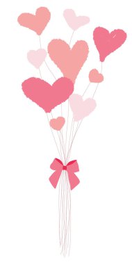 Düz elle çizilmiş pembe kalp balonları. Beyaz arka planda izole edilmiş Balon demetinin vektör çizimi. Sevgililer Günü sanat selamlama objesi. Posta kartı şablonu, Plakkart, Aşk Sembolü Posteri