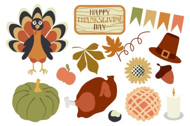 Şükran Günü 'nde hindi rosto, balkabağı, yemek, mısır, şarap, mum, hacı şapkası ve turtası olan sonbahar öğeleri. Şükran günün kutlu olsun. Hasat festivali. Sonbahar tebrik kartı tasarımı
