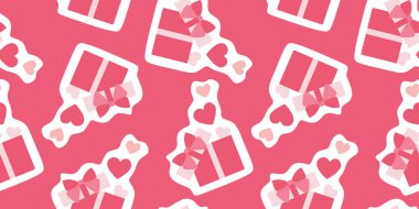 Mavi arka planda kırmızı kurdeleli, beyaz kalp şeklinde hediye kutusu olan kusursuz bir model. Hediye kutusunu kusursuz bir şekilde aç. Sevgililer Günü için arka plan, Anneler Günü, Kadınlar Günü.