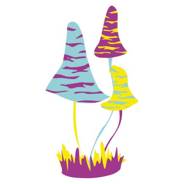 Sihirli mantarlar. Psikedelik halüsinasyon. Canlı vektör çizimi beyaza izole edildi. 60 'ların renkli renkli renkli renkli canlı asit renkleri. Etiket, yama, poster tasarımı için fantezi bitkisi.