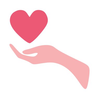 Kalp el vektör tasarımında. Beyaz arka planda izole edilmiş, el ele tutuşan kalp tasviri. Tıp ya da Romantik Sanat, iyiliğin ve merhametin sembolü. Sevgililer Günü şablonu.