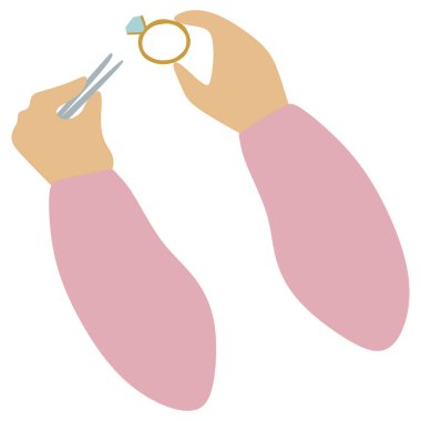 Düz kuyumcu elleri cımbız ve yüzükle Büyük Gemstone 'u tutuyor. Harika Çizgi Film ikonu. Kuyumcu mesleği. Mücevher günü kartı. Vektör illüstrasyonu beyaza izole edildi. Mücevher yapma konsepti.