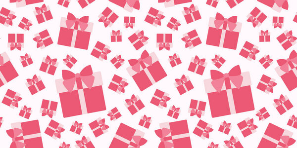Valentine Day seamless pattern. Pink gift box with ribbon. Vector Flat illustration for create charming and romantic designs, greeting cards, gift wrapping, stationery, or other love themed materials.