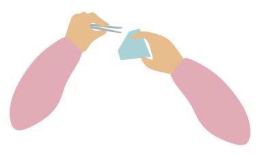 Düz kuyumcu elleri cımbız ve Büyük Parlak Gemstone tutuyor. Mavi parlak ikon. Kuyumcu mesleği. Mücevher günü kartı. Vektör Çizgi Filmi beyazı izole etti. Mücevher yapma konsepti.