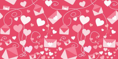 Romantik sembollerle kusursuz bir düzen. Kalp ve Aşk Mesajları, Zarflar, Düğün ve Sevgililer Günü için Dekorasyon. Paket kağıdı, Tekstil, Kumaş, Duvar Kağıdı için Vektör Düz Arkaplan.