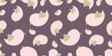 Küçük kuşlu şirin, kusursuz desen. Pastel renklerinde Spring Vector Düz Çizgi film arkaplanı. Duvar Kağıdı, Yazdırma, Web sayfası, Yüzey dokusu, Paket kağıdı, Tekstil, Kumaş