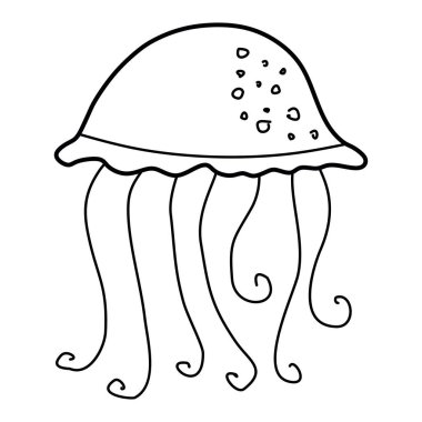 Sevimli Denizanasının Çizgi Sanat Çizimi. Logo tasarımı için vektör doğrusal çizim, kart, poster. Bakın ve Deniz Hayvanları Konsepti Beyaz 'da tecrit edilmiş nesne. Modern Okyanus Yaratığı.