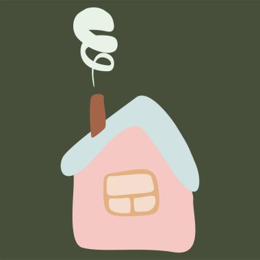 Cute little country house with window and roof. Facade of home with chimney and smoke. Cottage exterior. Flat Vector illustration isolated. Childish drawing style, Simple Graphic Art, Design Object. clipart