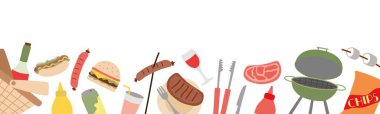 Barbekü partisi için Elementlerle Banner. Izgara, sosis, cips, maşa, piknik sepeti, arka planda biftek. Düz veya Çizgi film Vektörü Yatay İllüstrasyon, Web şablonu, Poster, Çerçeve, Kenarlık.