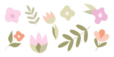 Bahar ya da Yaz Yaprakları ve Çiçekler Düz Seti. Çizgi film Vektör Çiçek Botanik Elementleri Koleksiyonu Beyaz 'da izole edildi. Dekorasyon için el çizimi objeler, kart tasarımı, logo. Pembe Çiçek Açan Sanat