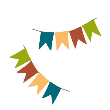 Bayram Bayrağı Garland Vektör illüstrasyonu. Retro Bunting basit düz stil, beyaza izole edilmiş. Karnaval için karikatür tasarımı, doğum günü, sirk sınır dekorasyonu. Kart, Bayrak, Yazdırma Rengi
