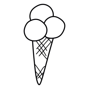 Dondurma ikonu, dondurmalı dondurma, külahlı waffle, beyaz arka planda ince çizgili web sembolü. Renklendirme kitabı, kart, çıkartma ve baskı için vektör doğrusal çizim. El çizimi Tasarım.