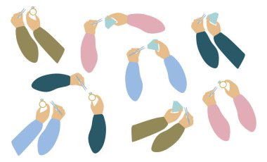 Gemstone ve Halkalarla Düz Eller. Farklı pozisyonlarda vektör jestleri. Çizgi film kuyumcusu eli mücevheri tutuyor ve temsil ediyor. Kart Tasarımı için Grafik Sanatı, Poster, Bayrak, Sanat.