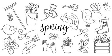 Bir dizi Doodle Spring elementi. Çiçekli, Aletli ve Doğa Çocukları için Boyama Kitabı. Tasarım, kartpostal, kart, poster, çıkartma paketi için taslak vektör nesnesi. 8 Mart Paskalya Bayramı için dekor.