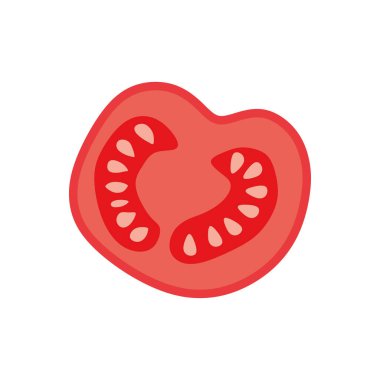 Tohumlu domates dilimi. Taze çiğ sebze dilimi. Sebzeli yemek, enine kesit, üst manzara. Sağlıklı beslenme ikonu. Düz vektör çizimi beyaza izole edildi. Çizgi film tasarımı nesnesi