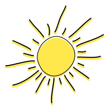 Doodle Style 'da güneşin tek elementi, Sarı Kartlar, Posterler, Çıkartmalar ve mevsimsel tasarım için Sarı Renkli Vektör çizimi. Çocuksu Çizim Elementi