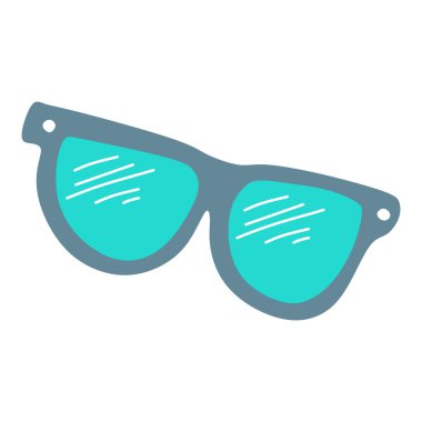 Beyaz arka planda izole edilmiş mavi komik güneş gözlükleri. Polarizasyonlu Kara Cam mercekli güneş gözlüğü tasviri. Yaz koruma aksesuarı, Düz Çizgi film tarzında şık gözler..