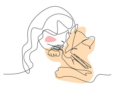 Kedi 'ye sarılan kadın soyut renk şekilli sanat çizimi çiziyor. Elle çizilmiş bir kedi tutan kız portresi. Kadın ve evcil hayvan siyahi Süsleme için sürekli çizim silueti