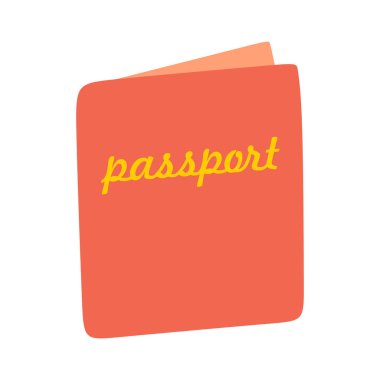 Harflerle süslü şirin bir pasaport. Doodle Kimlik Belgesi. Düz Vektör illüstrasyonu Beyaz arkaplanda izole edildi. Uluslararası Seyahat, Havalimanı denetimi, İş Belgesi.