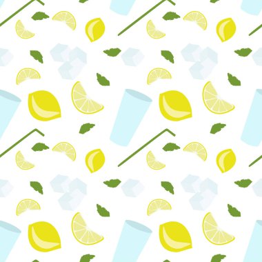 El yapımı limonata, pürüzsüz desenli çizimler. Retro limon arkaplanlı cam, Pipet içme, buz küpleri ve limon dilimleri. Vector Vintage Taze yaz içeceği Duvar kağıdı baskısı.
