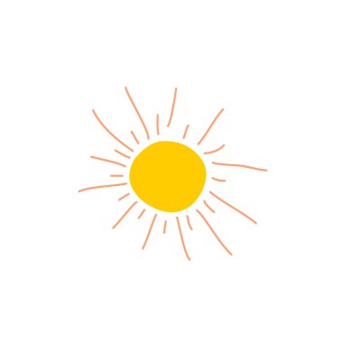 Sarı Doodle Yaz Güneşi Simgesi. Vektör Tasarım Çizgi Filmi Çizimi Beyaz Arkaplan 'da izole edildi. Tatil teması, Ilık ve Işık. Çıkartma, Yazdırma, Kart için Tasarım Elemanı Geçmiş Olsun.